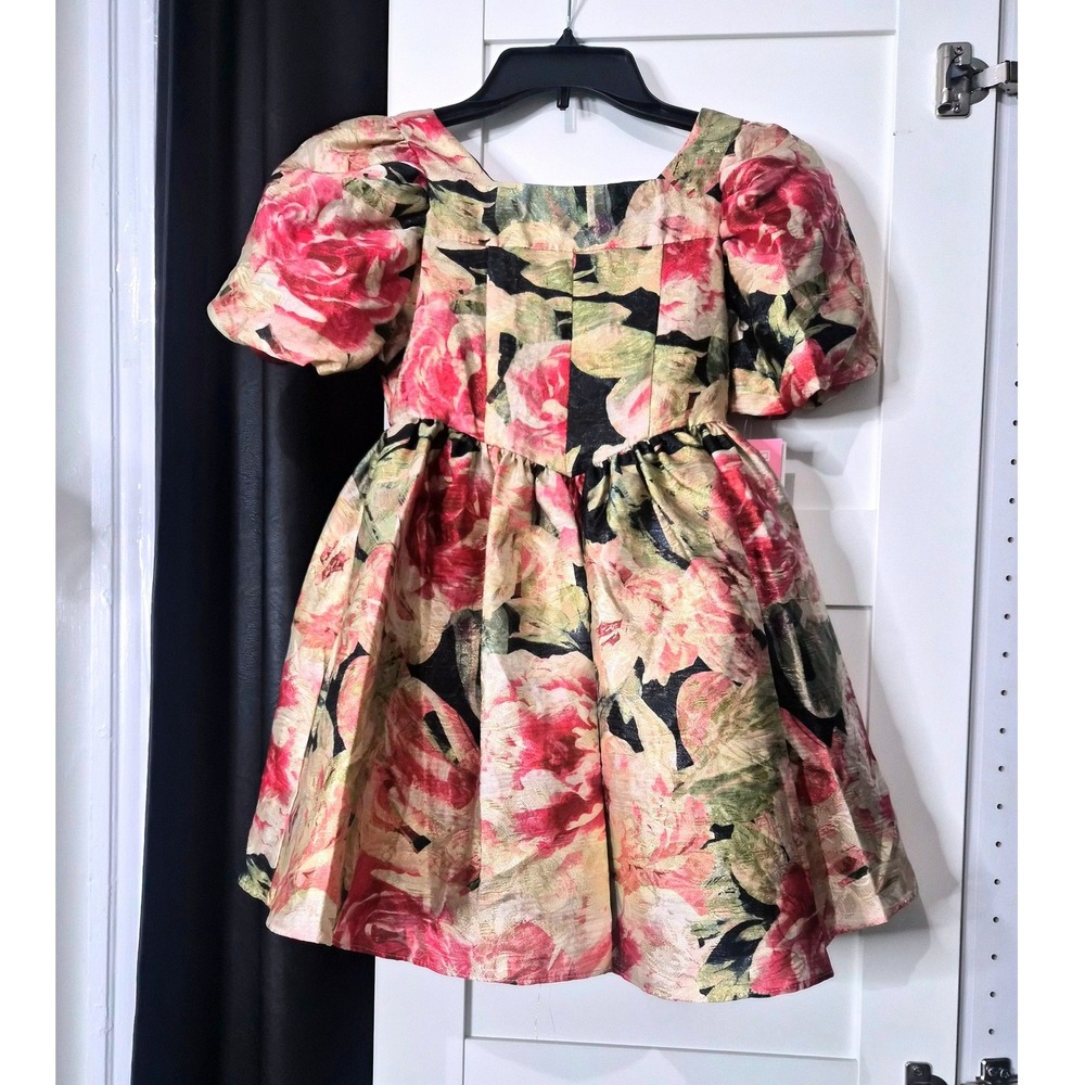 NWT Rare Editions Girls Red Pink Gold Floral Metallic Brocade Party Dress Size 7